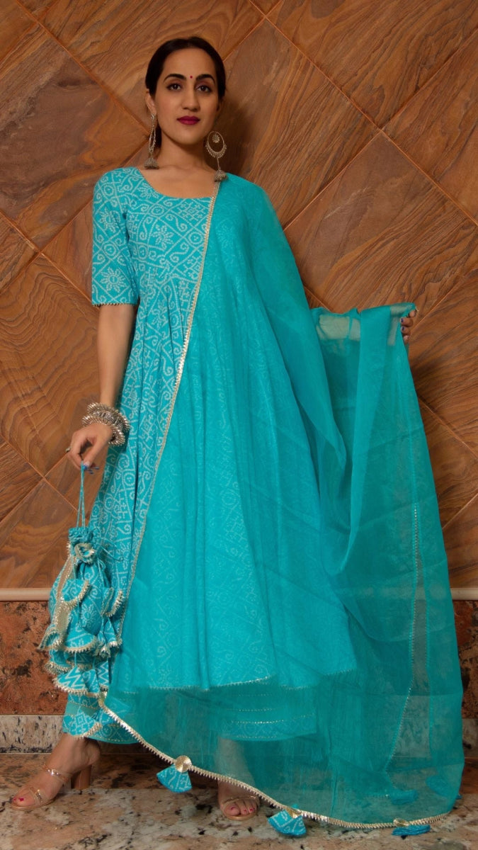 BANDHEJ BLUE COTTON ANARKALI SET - Pomcha Jaipur