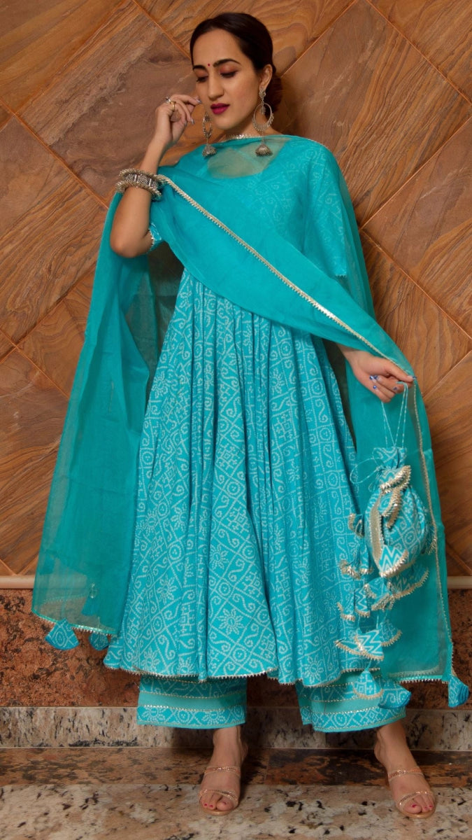 BANDHEJ BLUE COTTON ANARKALI SET - Pomcha Jaipur