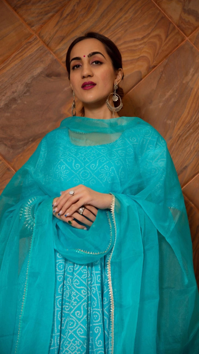 BANDHEJ BLUE COTTON ANARKALI SET - Pomcha Jaipur