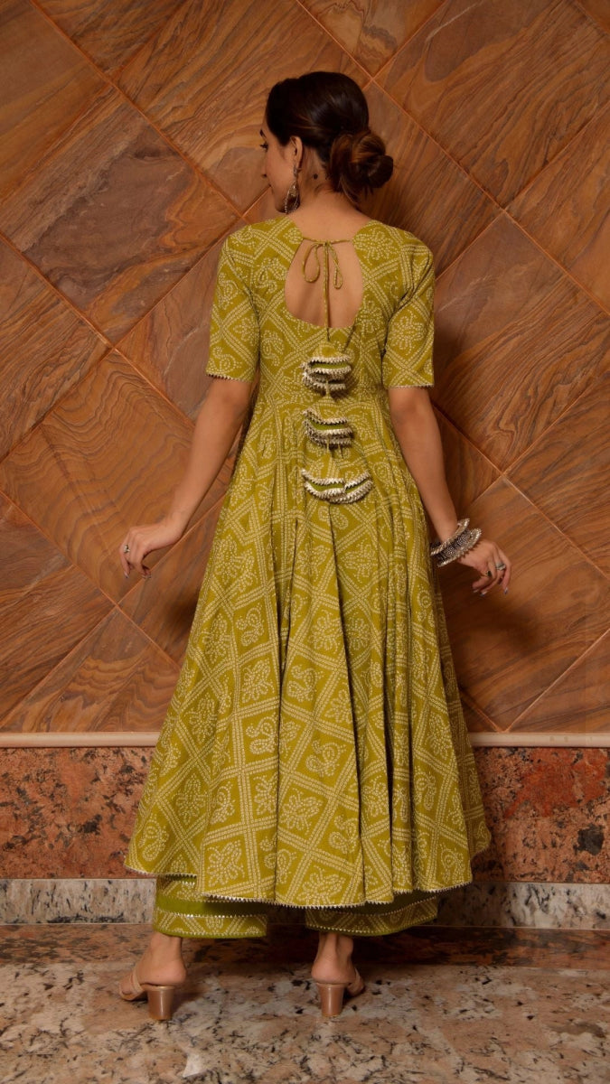 BANDHEJ MEHENDI GREEN COTTON ANARKALI SET - Pomcha Jaipur