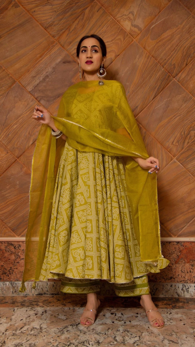 BANDHEJ MEHENDI GREEN COTTON ANARKALI SET - Pomcha Jaipur