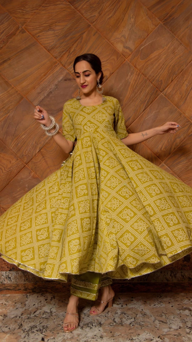 BANDHEJ MEHENDI GREEN COTTON ANARKALI SET - Pomcha Jaipur