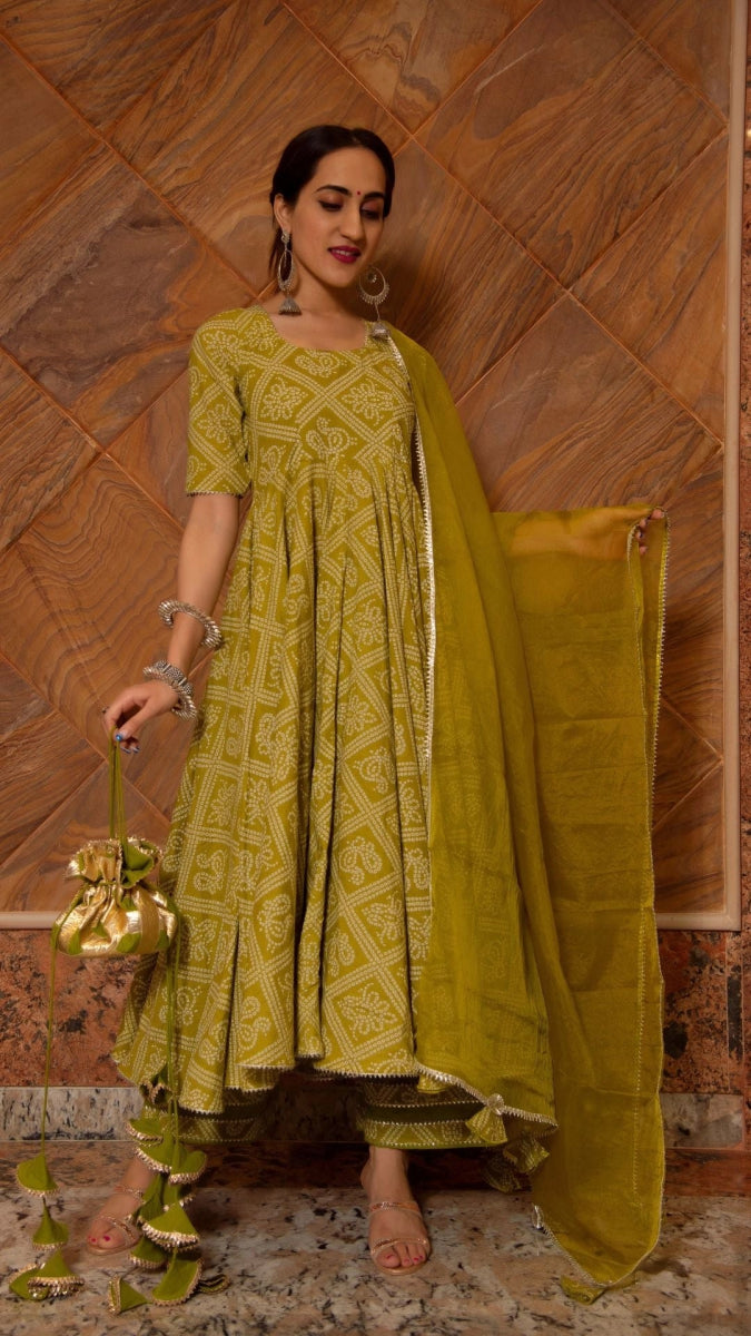 BANDHEJ MEHENDI GREEN COTTON ANARKALI SET - Pomcha Jaipur