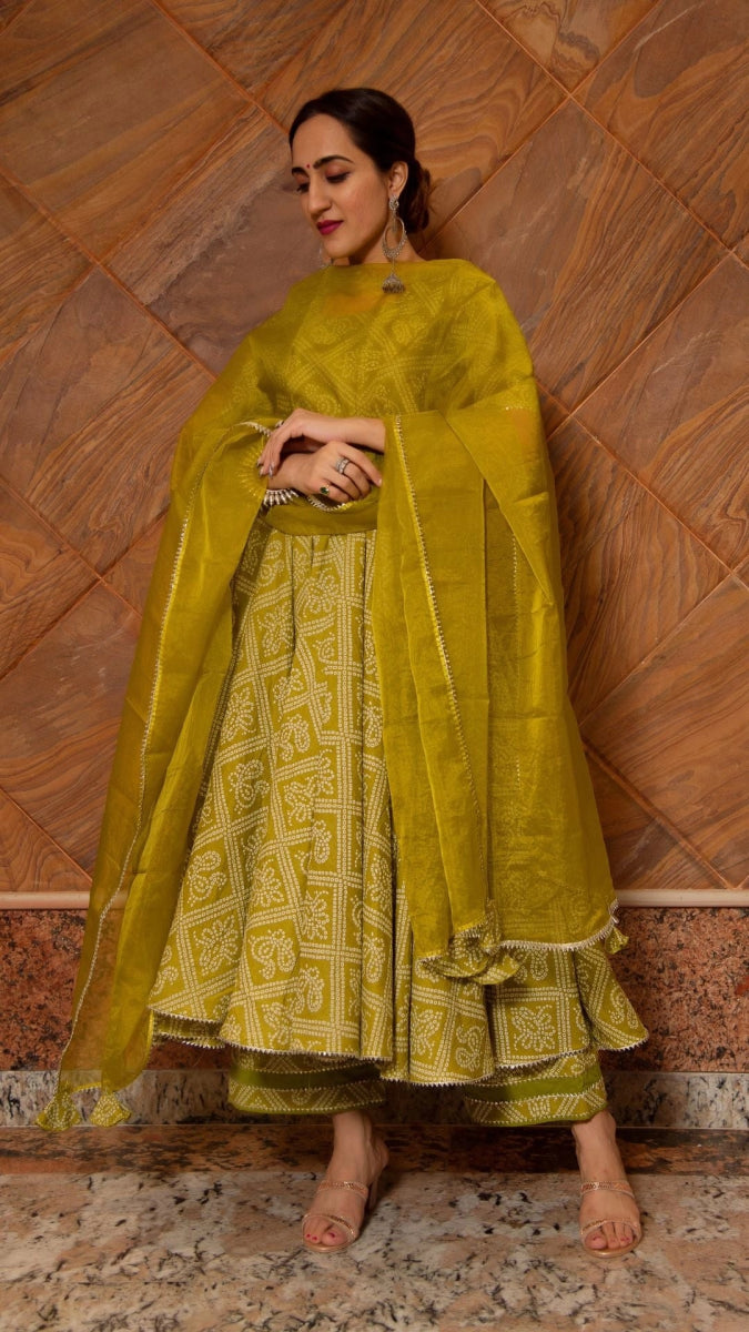 BANDHEJ MEHENDI GREEN COTTON ANARKALI SET - Pomcha Jaipur