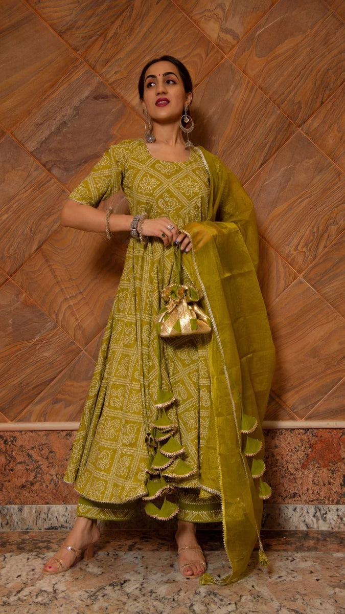 BANDHEJ MEHENDI GREEN COTTON ANARKALI SET - Pomcha Jaipur