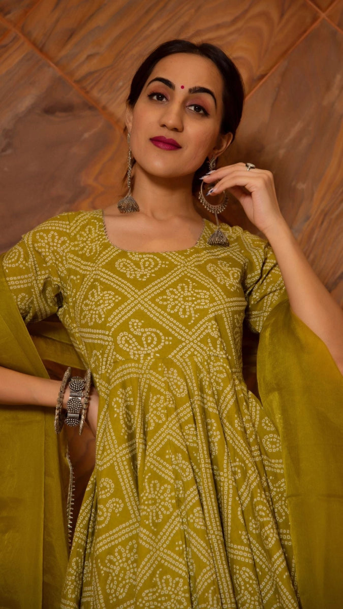 BANDHEJ MEHENDI GREEN COTTON ANARKALI SET - Pomcha Jaipur