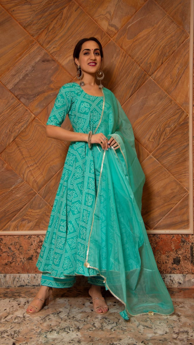 BANDHEJ TIFFANY BLUE COTTON ANARKALI SET - Pomcha Jaipur