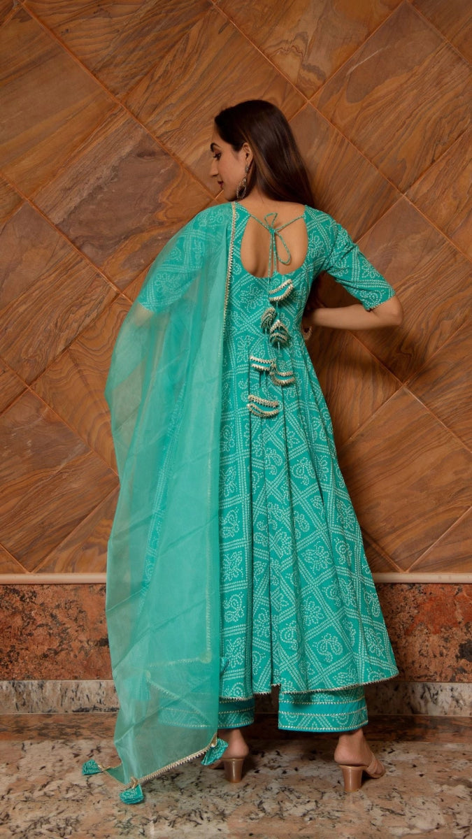 BANDHEJ TIFFANY BLUE COTTON ANARKALI SET - Pomcha Jaipur