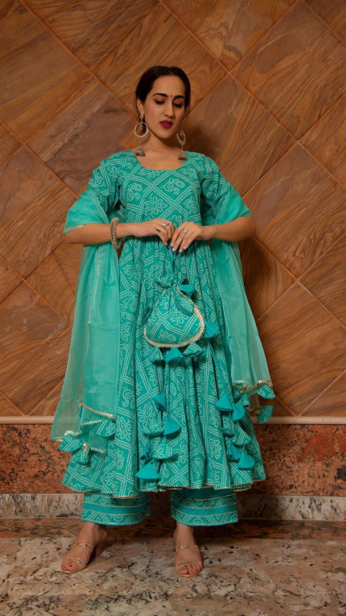 BANDHEJ TIFFANY BLUE COTTON ANARKALI SET - Pomcha Jaipur