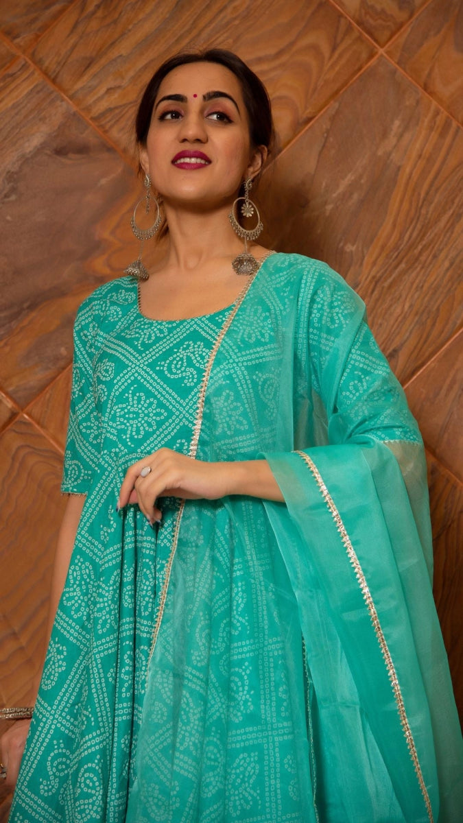 BANDHEJ TIFFANY BLUE COTTON ANARKALI SET - Pomcha Jaipur