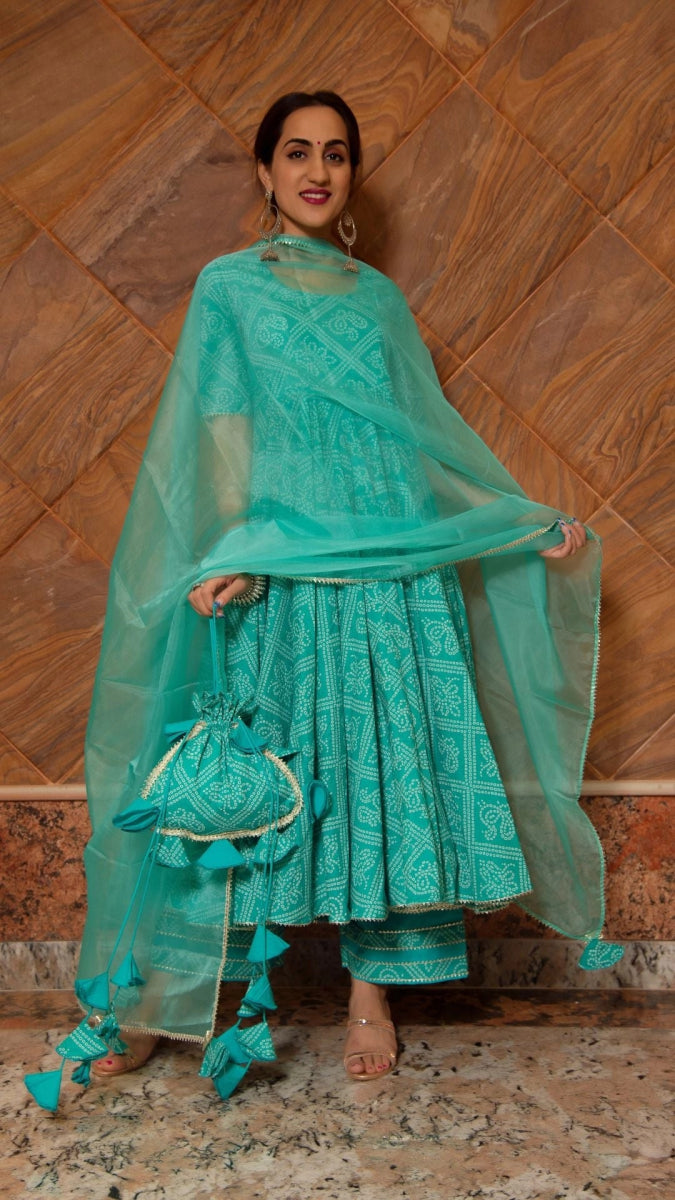 BANDHEJ TIFFANY BLUE COTTON ANARKALI SET - Pomcha Jaipur