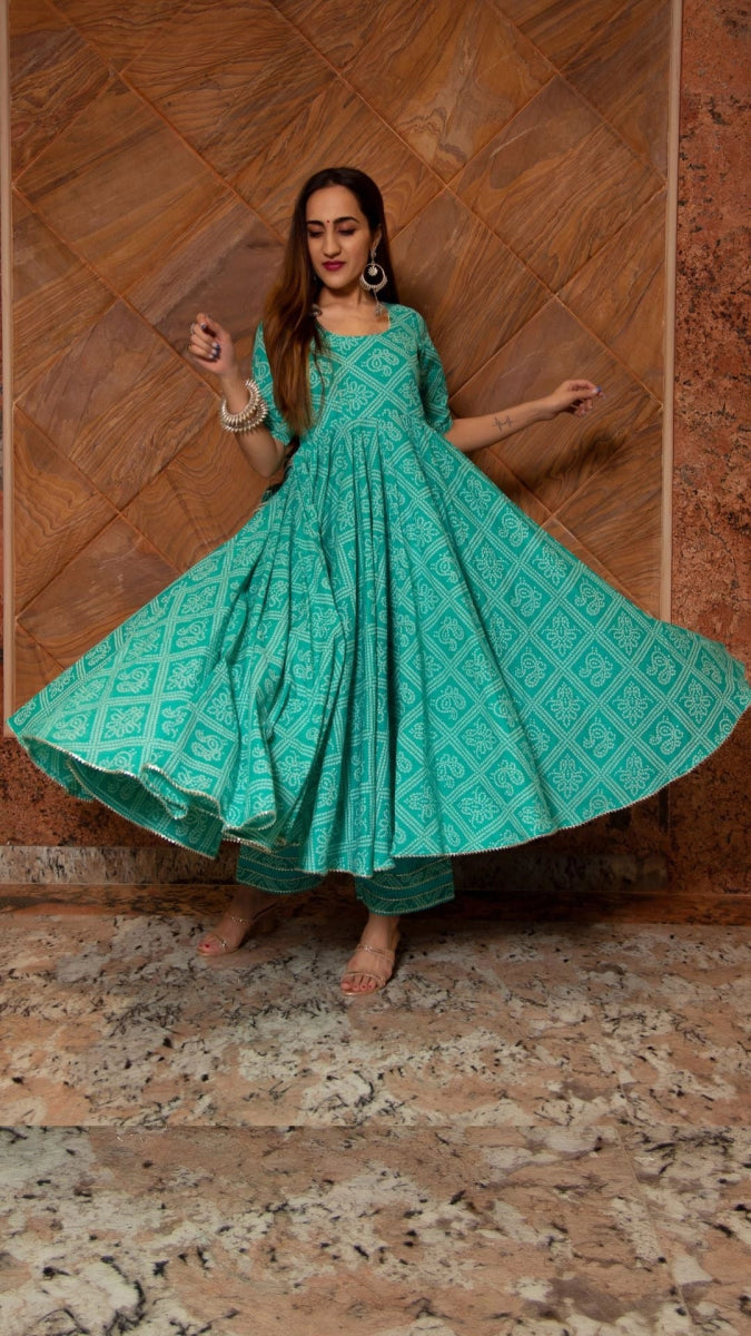 BANDHEJ TIFFANY BLUE COTTON ANARKALI SET - Pomcha Jaipur