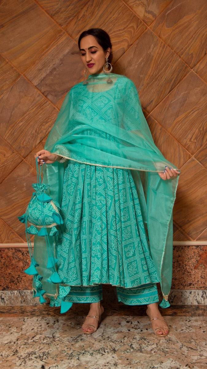 BANDHEJ TIFFANY BLUE COTTON ANARKALI SET - Pomcha Jaipur