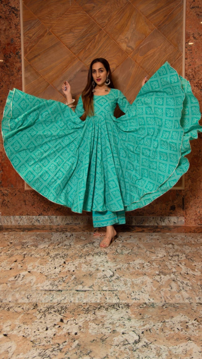 BANDHEJ TIFFANY BLUE COTTON ANARKALI SET - Pomcha Jaipur