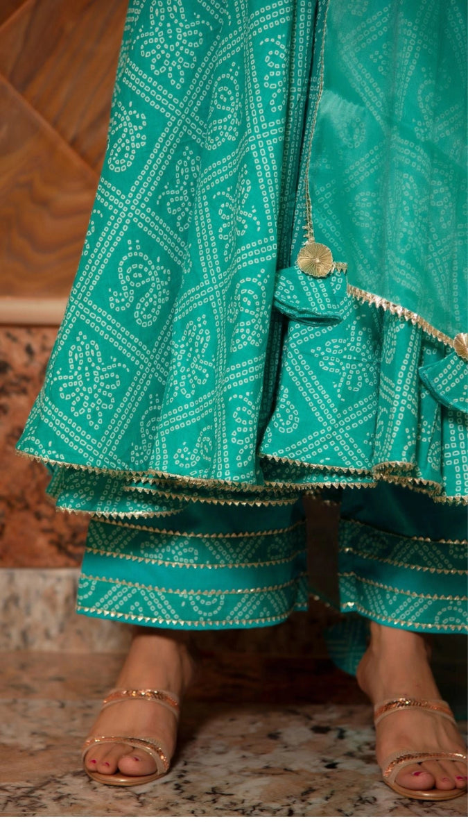 BANDHEJ TIFFANY BLUE COTTON ANARKALI SET - Pomcha Jaipur