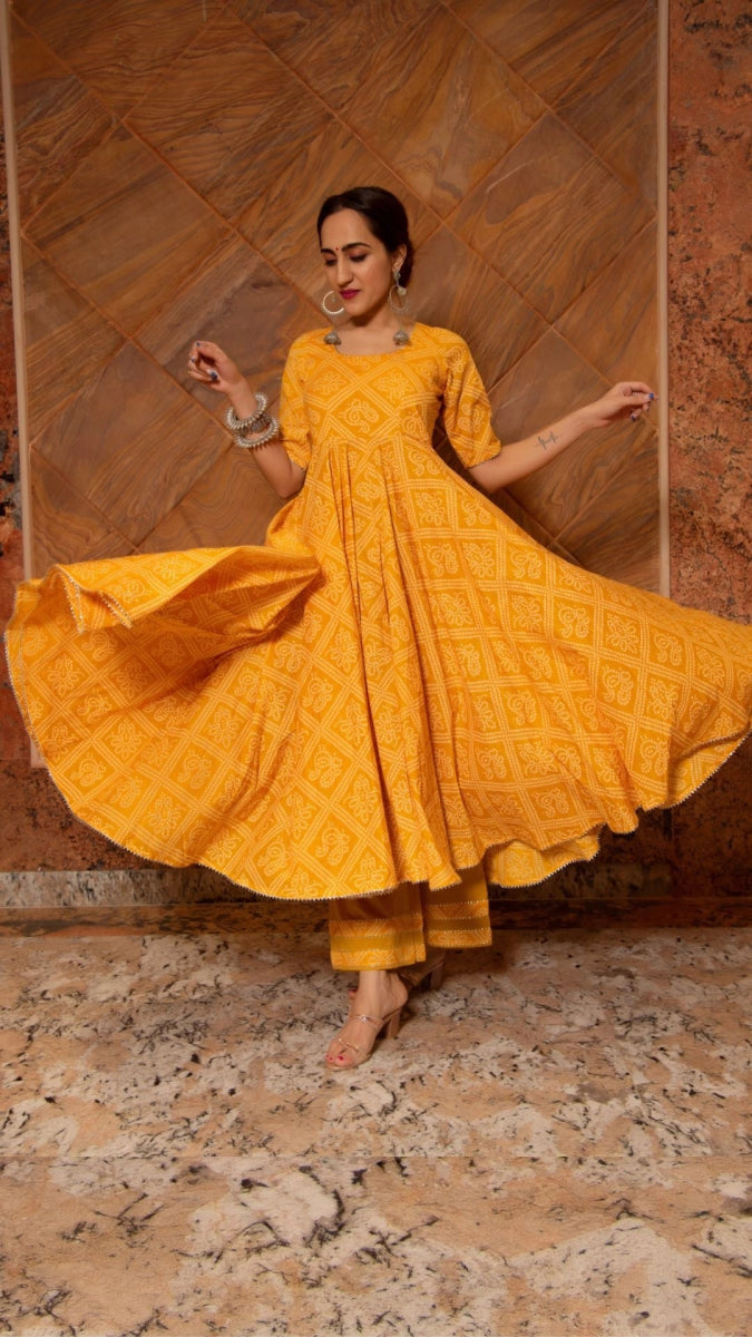 BANDHEJ YELLOW COTTON ANARKALI SET - Pomcha Jaipur