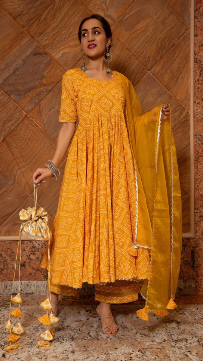 BANDHEJ YELLOW COTTON ANARKALI SET - Pomcha Jaipur
