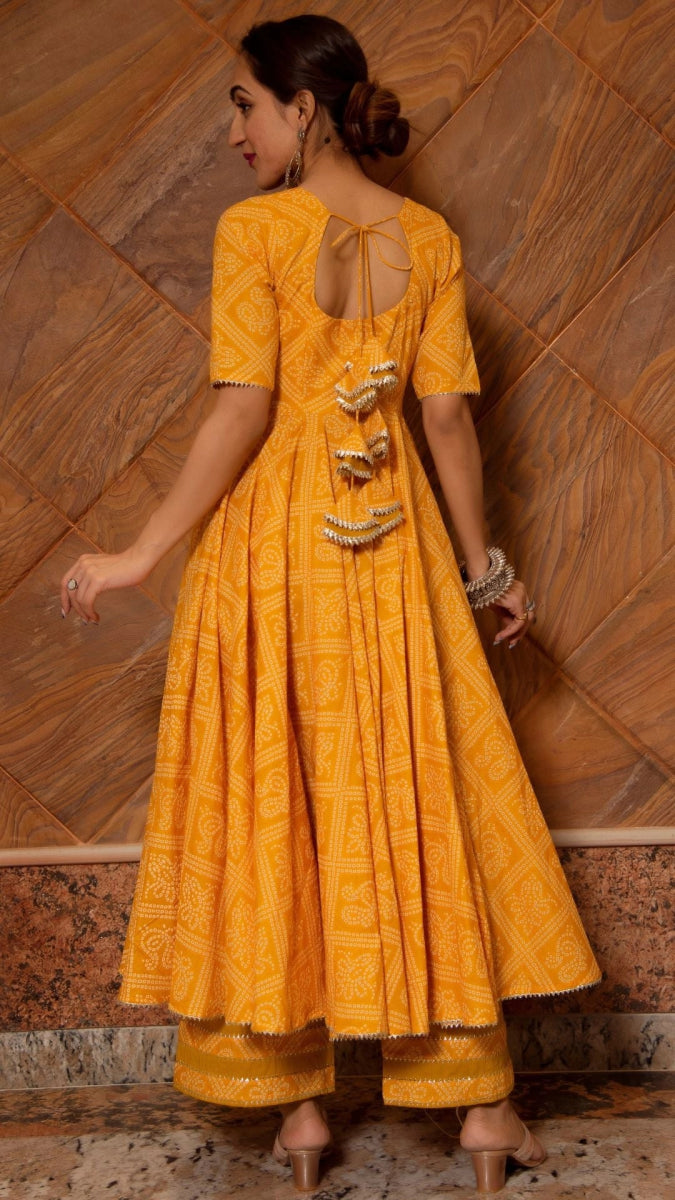 BANDHEJ YELLOW COTTON ANARKALI SET - Pomcha Jaipur