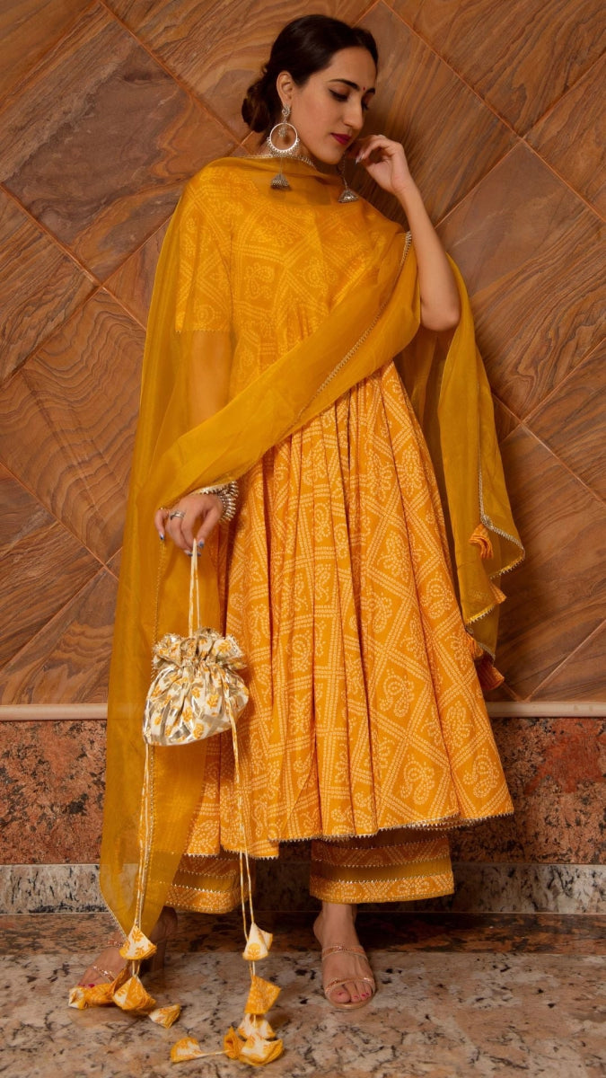 BANDHEJ YELLOW COTTON ANARKALI SET - Pomcha Jaipur