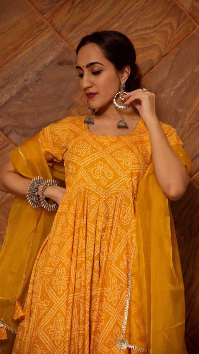 BANDHEJ YELLOW COTTON ANARKALI SET - Pomcha Jaipur