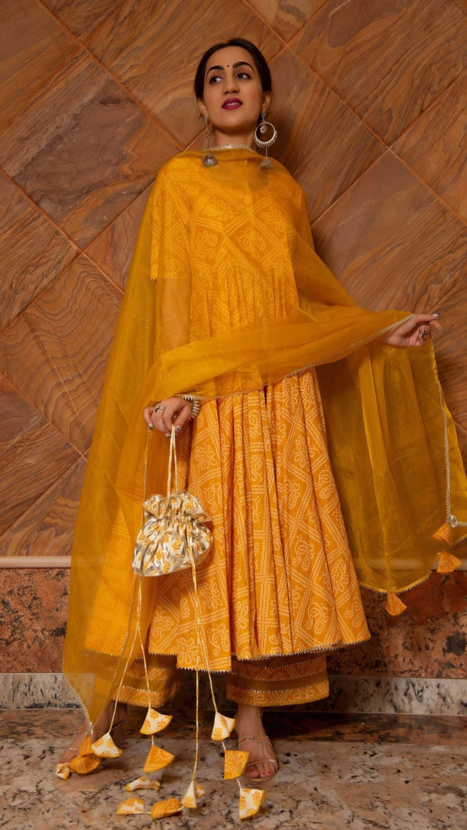 BANDHEJ YELLOW COTTON ANARKALI SET - Pomcha Jaipur
