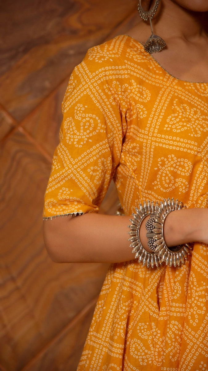 BANDHEJ YELLOW COTTON ANARKALI SET - Pomcha Jaipur