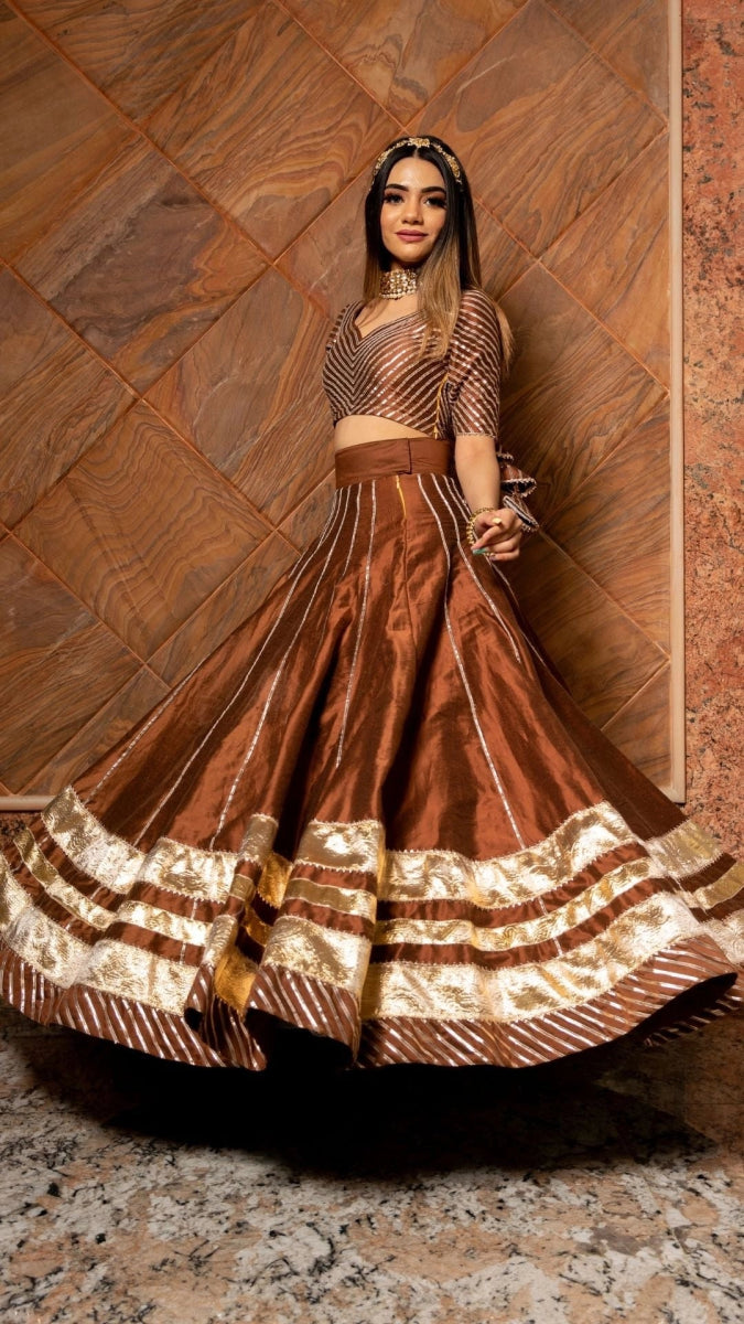 BANI THANI BROWN COTTON SILK LEHENGA with lappa work and jaal work organza dupatta set - Pomcha Jaipur