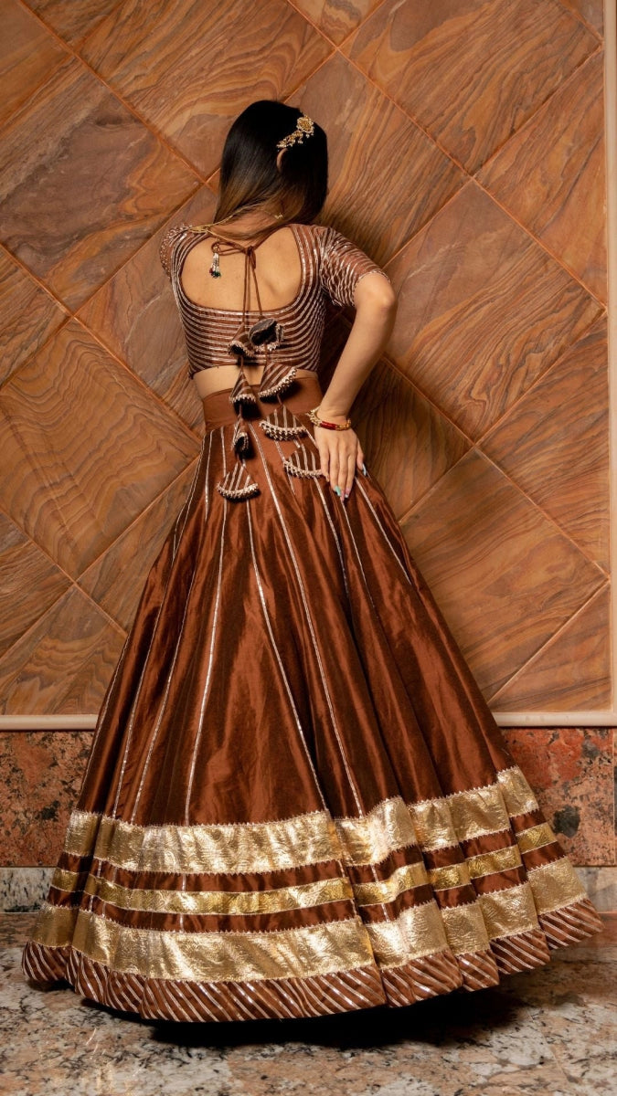 BANI THANI BROWN COTTON SILK LEHENGA with lappa work and jaal work organza dupatta set - Pomcha Jaipur
