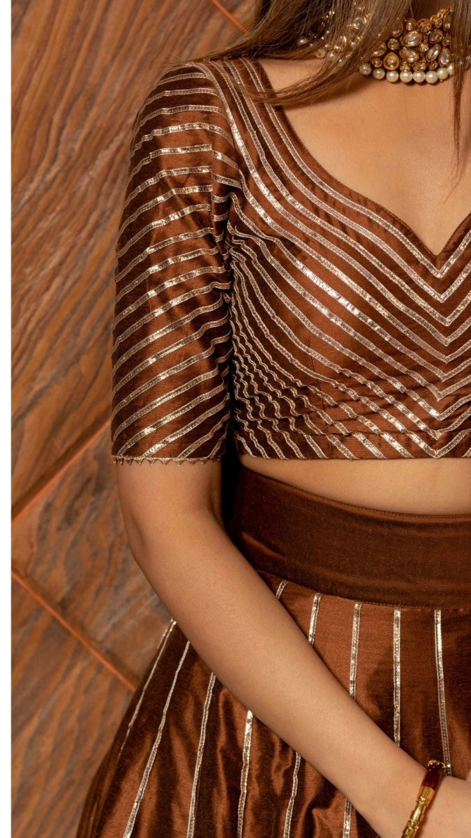 BANI THANI BROWN COTTON SILK LEHENGA with lappa work and jaal work organza dupatta set - Pomcha Jaipur