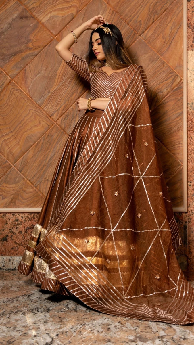 BANI THANI BROWN COTTON SILK LEHENGA with lappa work and jaal work organza dupatta set - Pomcha Jaipur