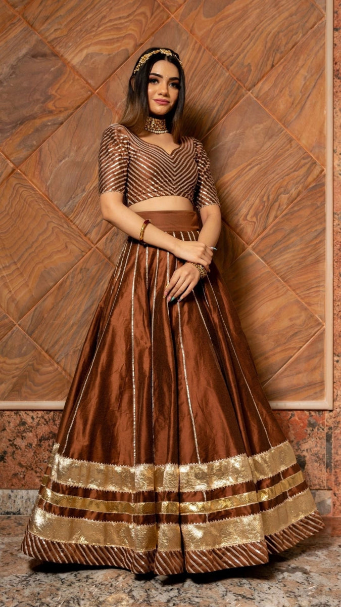 BANI THANI BROWN COTTON SILK LEHENGA with lappa work and jaal work organza dupatta set - Pomcha Jaipur