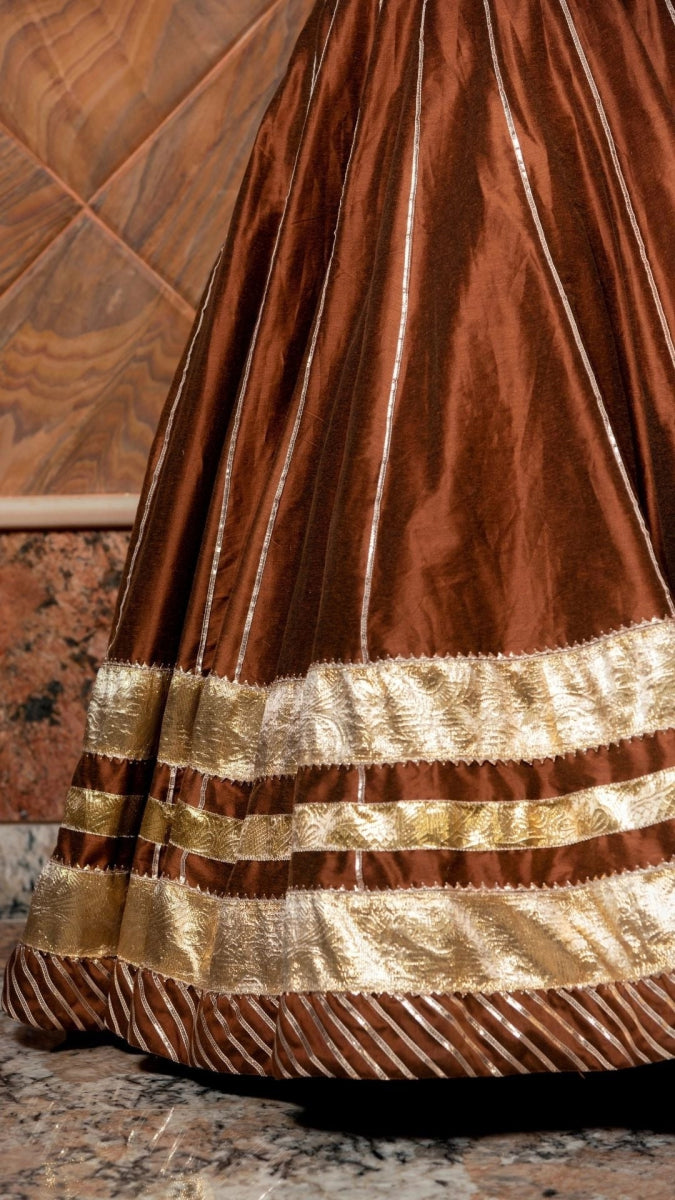 BANI THANI BROWN COTTON SILK LEHENGA with lappa work and jaal work organza dupatta set - Pomcha Jaipur