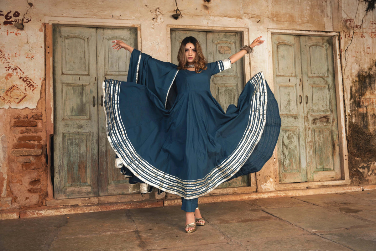 BERRY SPARY COTTON BLUE ANARKALI WITH COTTON DUPATTA - Pomcha Jaipur