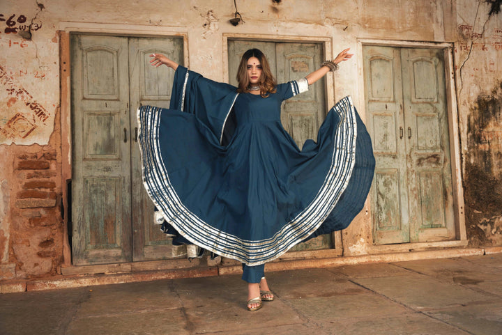 BERRY SPARY COTTON BLUE ANARKALI WITH COTTON DUPATTA - Pomcha Jaipur