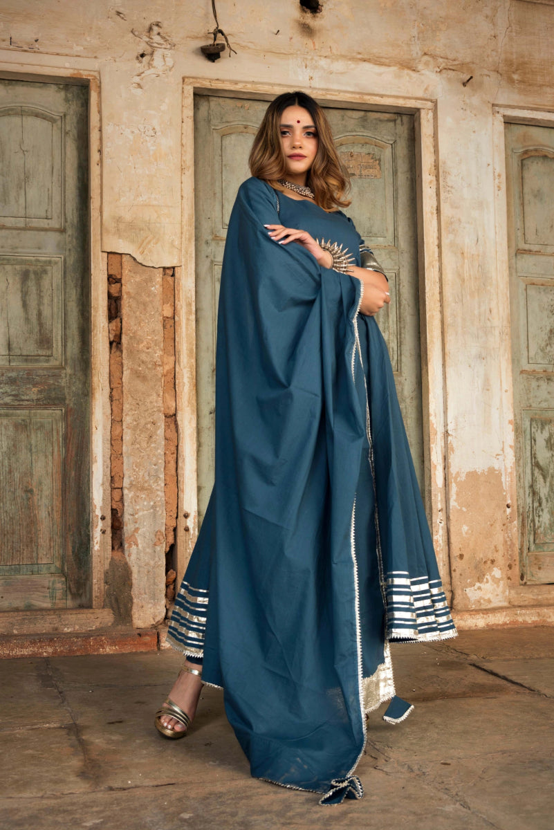 BERRY SPARY COTTON BLUE ANARKALI WITH COTTON DUPATTA - Pomcha Jaipur
