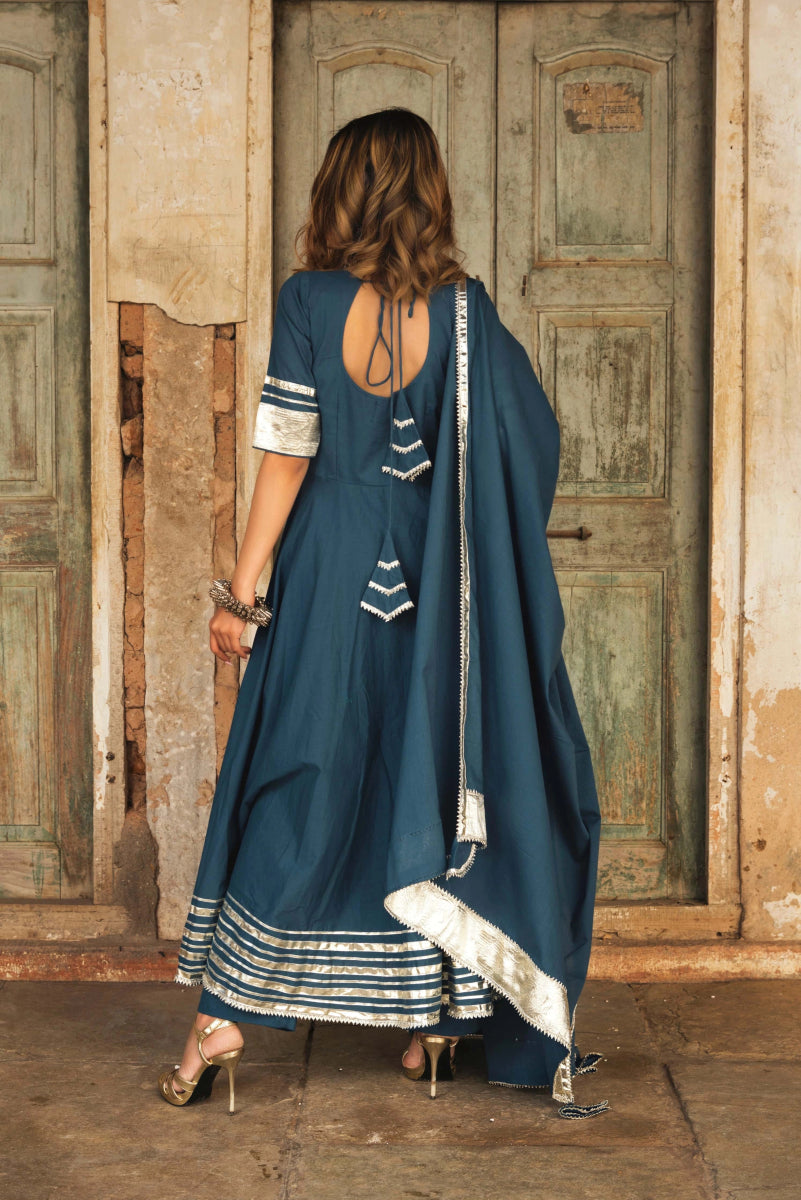BERRY SPARY COTTON BLUE ANARKALI WITH COTTON DUPATTA - Pomcha Jaipur