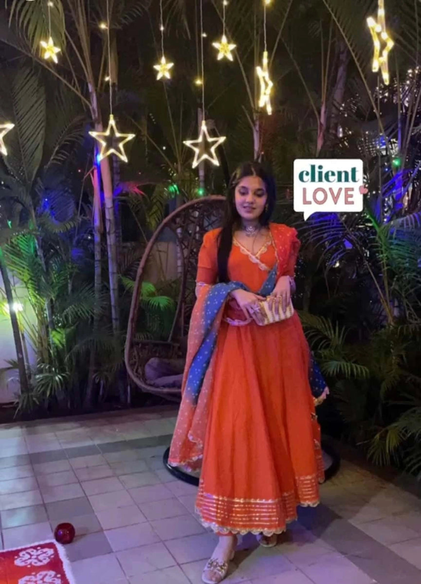 BHANDHANI ORANGE ANGRAKHA SET WITH ORGANZA DUPATTA - Pomcha Jaipur