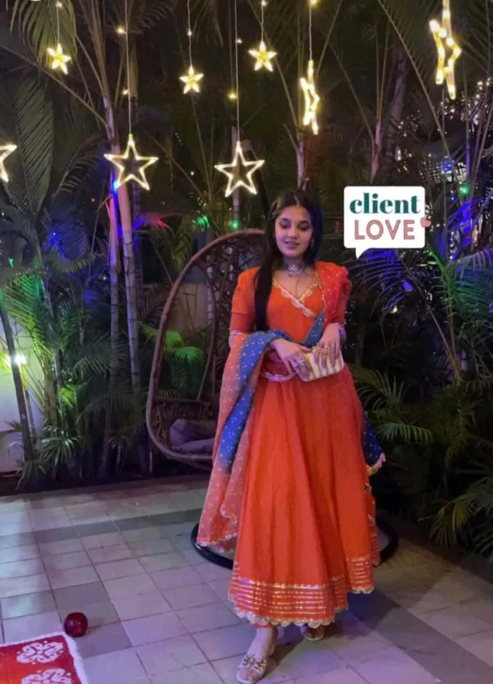 BHANDHANI ORANGE ANGRAKHA SET WITH ORGANZA DUPATTA - Pomcha Jaipur