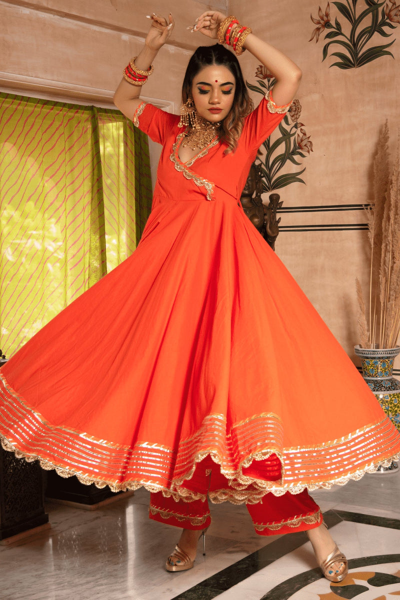 BHANDHANI ORANGE ANGRAKHA SET WITH ORGANZA DUPATTA - Pomcha Jaipur