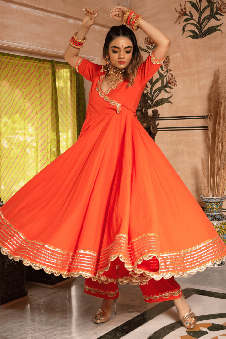 BHANDHANI ORANGE ANGRAKHA SET WITH ORGANZA DUPATTA - Pomcha Jaipur