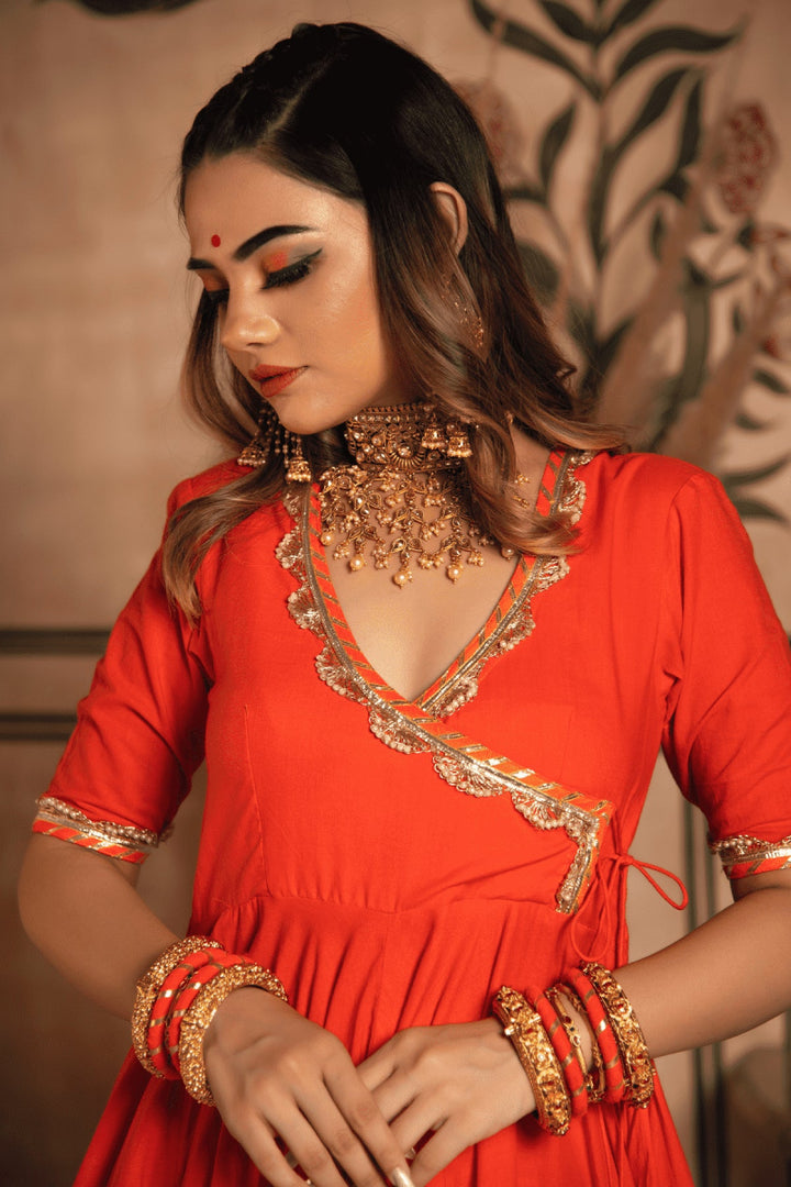BHANDHANI ORANGE ANGRAKHA SET WITH ORGANZA DUPATTA - Pomcha Jaipur