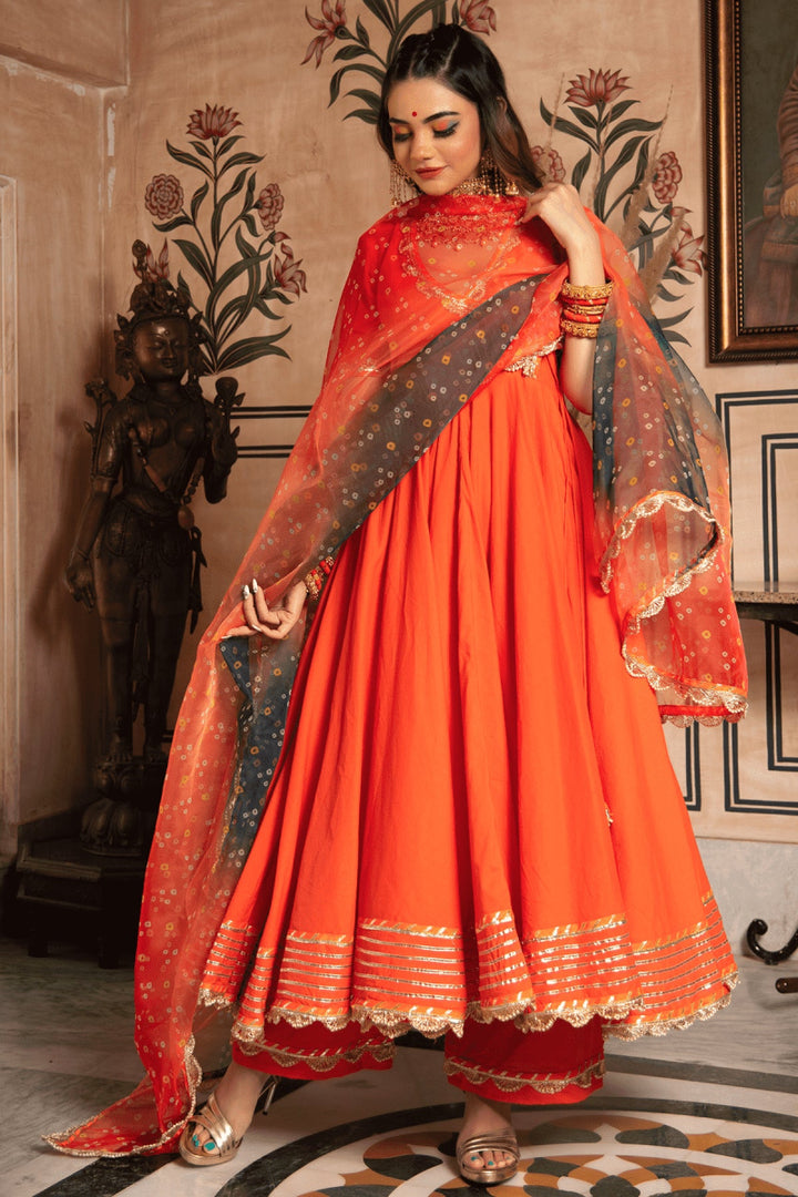 BHANDHANI ORANGE ANGRAKHA SET WITH ORGANZA DUPATTA - Pomcha Jaipur