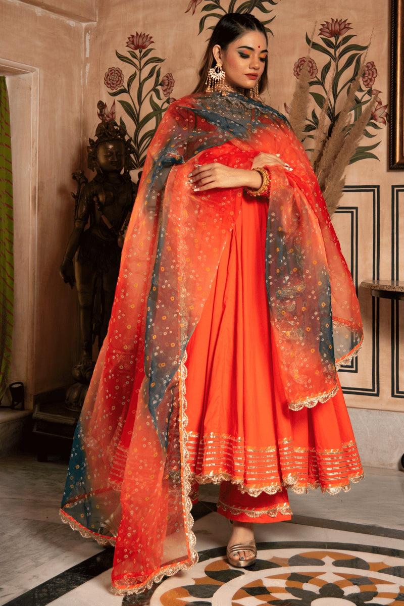 BHANDHANI ORANGE ANGRAKHA SET WITH ORGANZA DUPATTA - Pomcha Jaipur