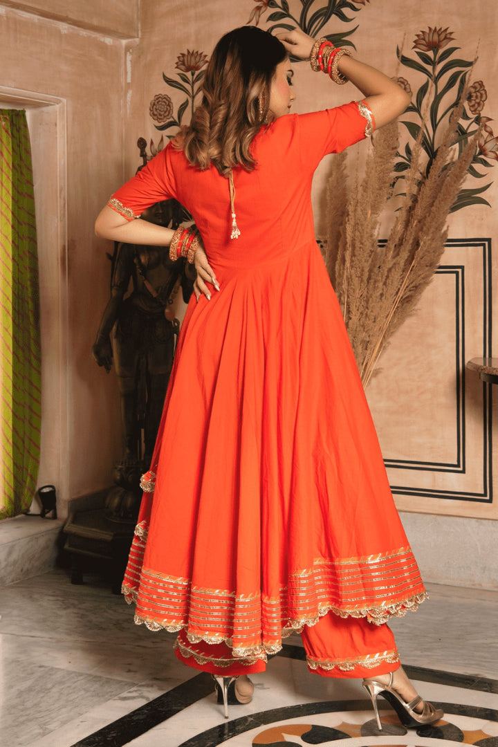 BHANDHANI ORANGE ANGRAKHA SET WITH ORGANZA DUPATTA - Pomcha Jaipur