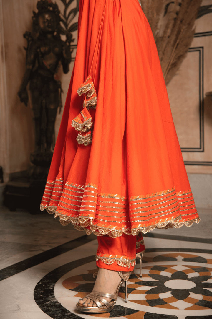 BHANDHANI ORANGE ANGRAKHA SET WITH ORGANZA DUPATTA - Pomcha Jaipur