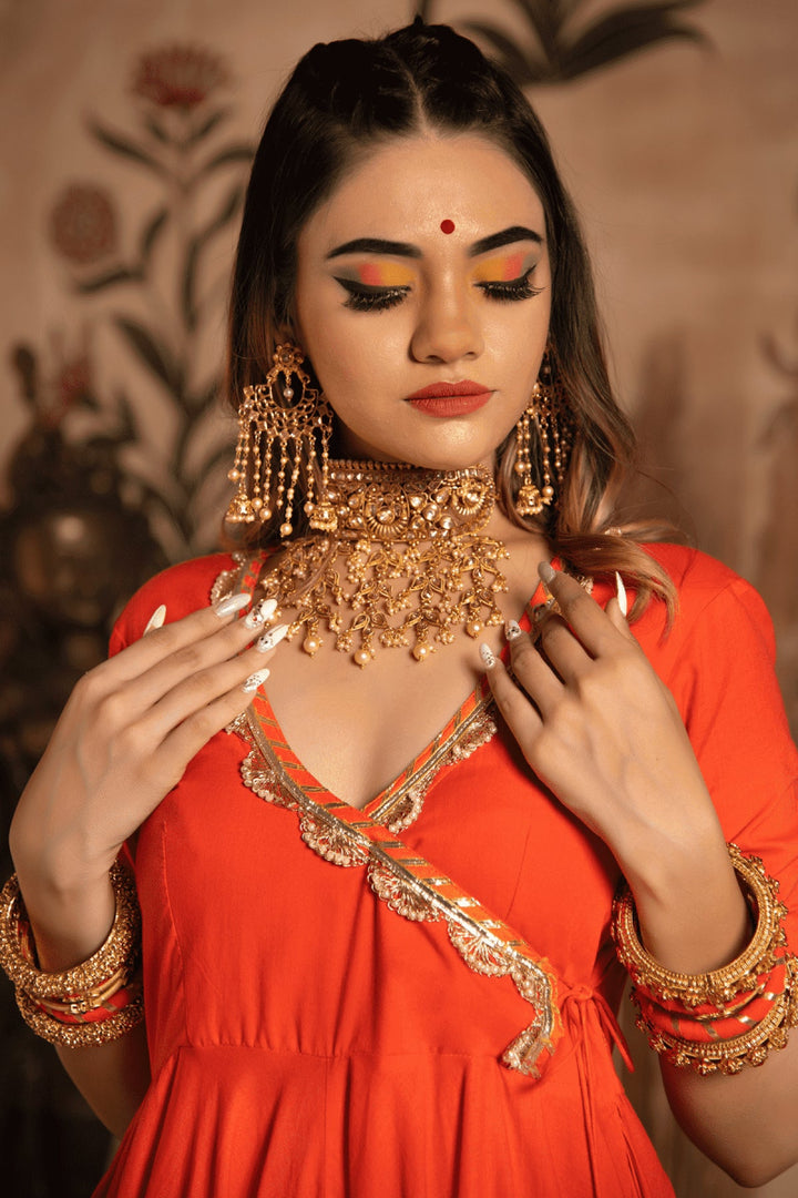 BHANDHANI ORANGE ANGRAKHA SET WITH ORGANZA DUPATTA - Pomcha Jaipur