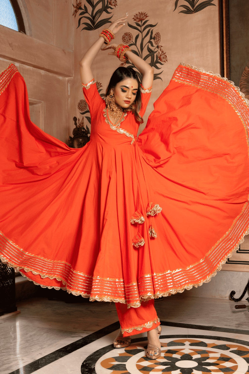 BHANDHANI ORANGE ANGRAKHA SET WITH ORGANZA DUPATTA - Pomcha Jaipur