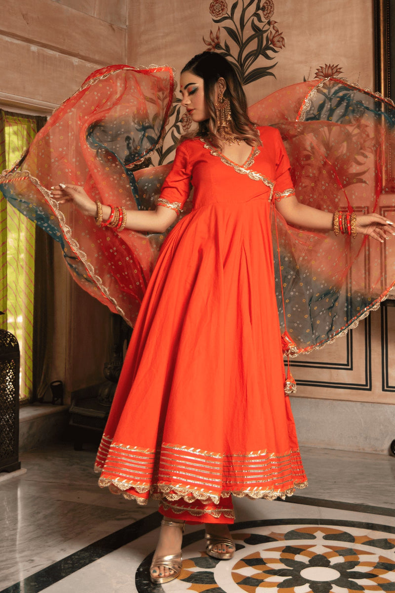BHANDHANI ORANGE ANGRAKHA SET WITH ORGANZA DUPATTA - Pomcha Jaipur