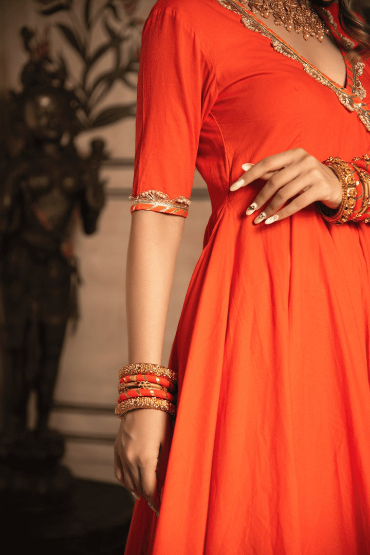 BHANDHANI ORANGE ANGRAKHA SET WITH ORGANZA DUPATTA - Pomcha Jaipur