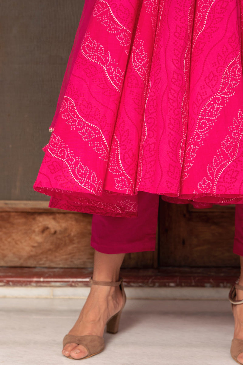 BHANDHEJ PINK COTTON HAND BLOCK ANARKALI SET WITH SOFT NET DUPATTA - Pomcha Jaipur